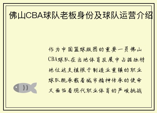 佛山CBA球队老板身份及球队运营介绍