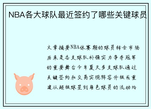 NBA各大球队最近签约了哪些关键球员